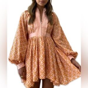 Geometric Pattern Balloon Sleeve Dress in Peach and Pink